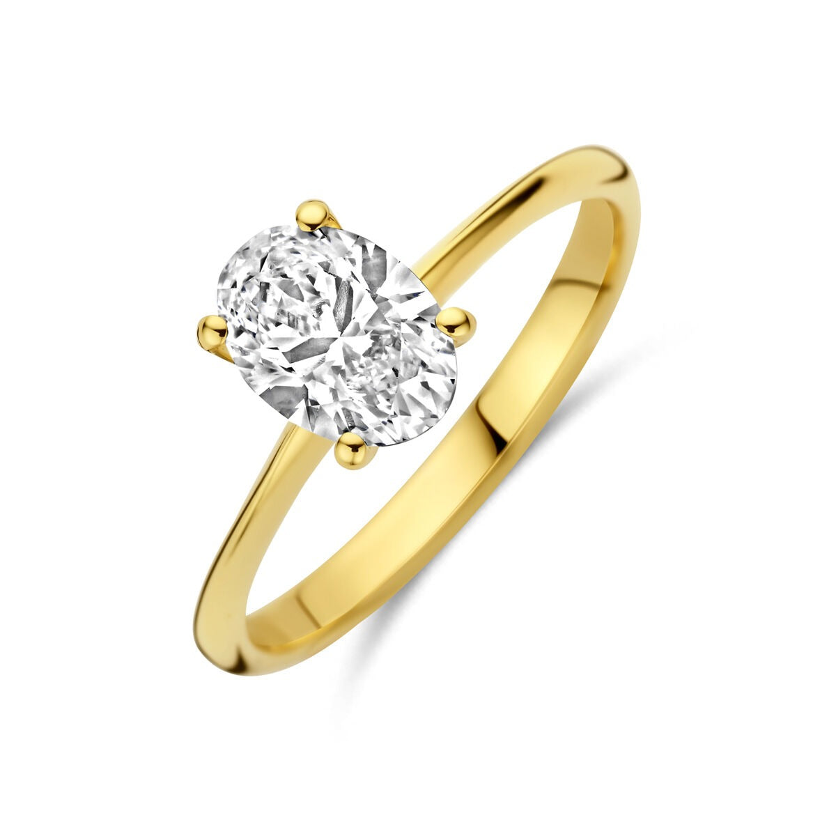 Geelgouden damesring met een ovaal lab grown diamant in een vierpootzetting.