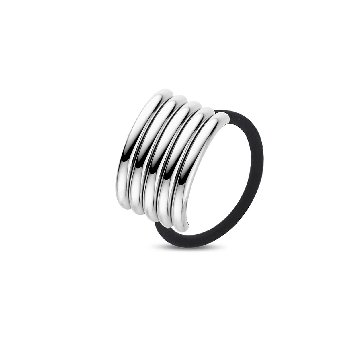 Zilverkleurige stalen hair cuff met vier ronde ringen en een zwarte band.