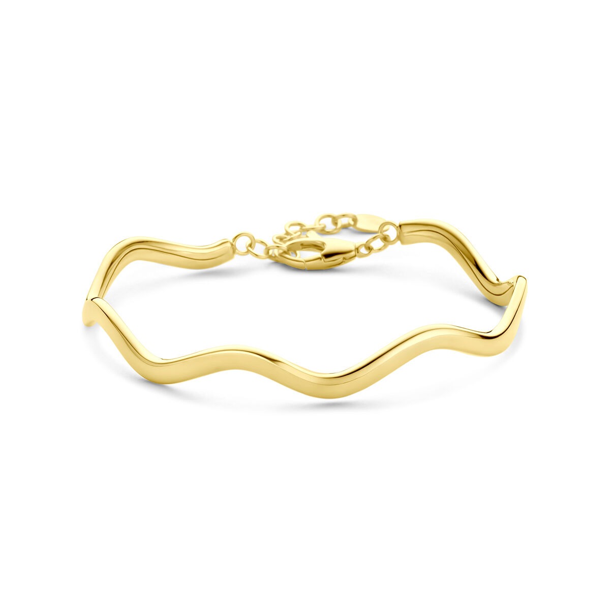 Gouden armband van 14k met een golvende, organische vorm en een sluiting aan de achterkant.