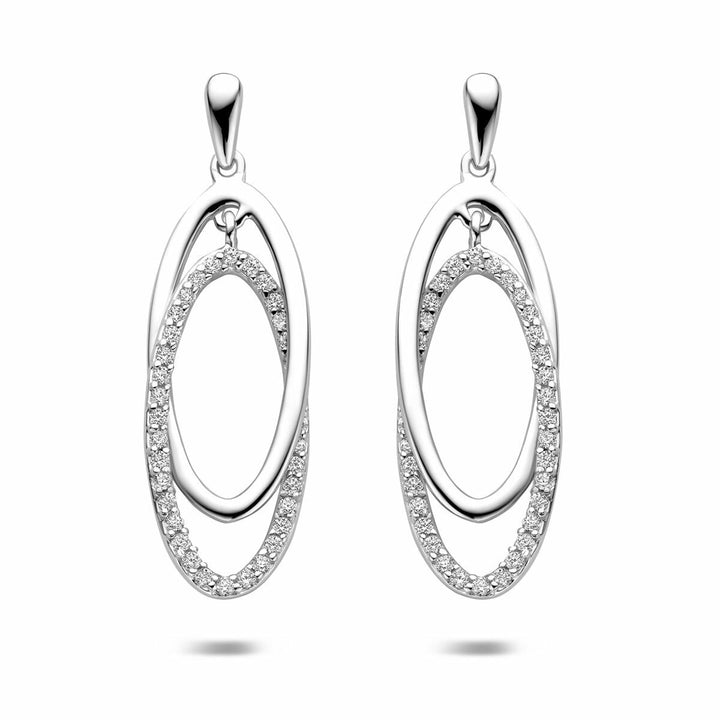 Zilveren oorhangers met zirkonia – ovaal gerhodineerd design 35 mm