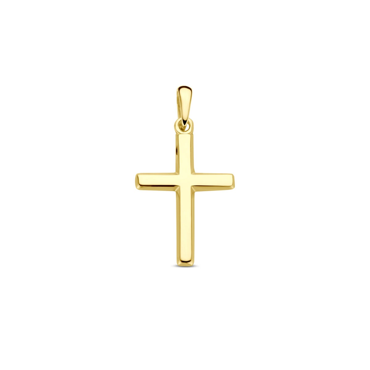 Geelgouden kruis hanger met een glanzende afwerking, afmetingen 17 x 12 mm.