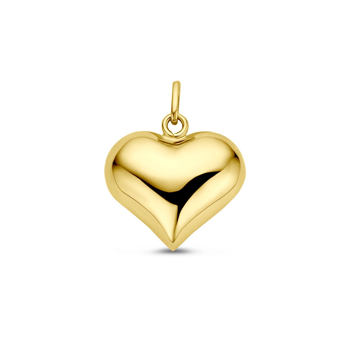 Geelgouden hanger in de vorm van een hart, 19,5 mm hoog met een glanzende afwerking.