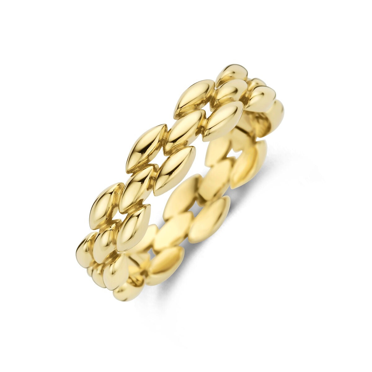 Geelgouden damesring met een speelse, golvende schakelstructuur.