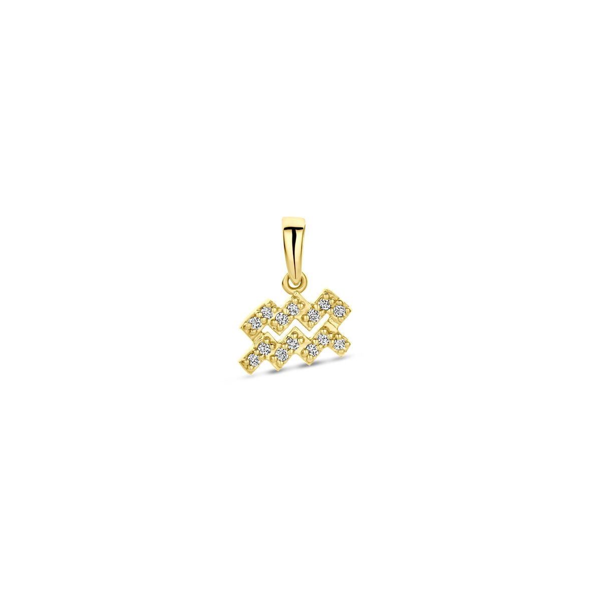 Geelgouden sterrenbeeld hanger met diamant, in zigzagvorm met meerdere fonkelende steentjes.