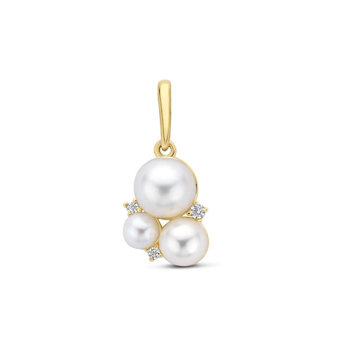 Geelgouden hanger met drie parels en zirkonia, met een glanzende afwerking.