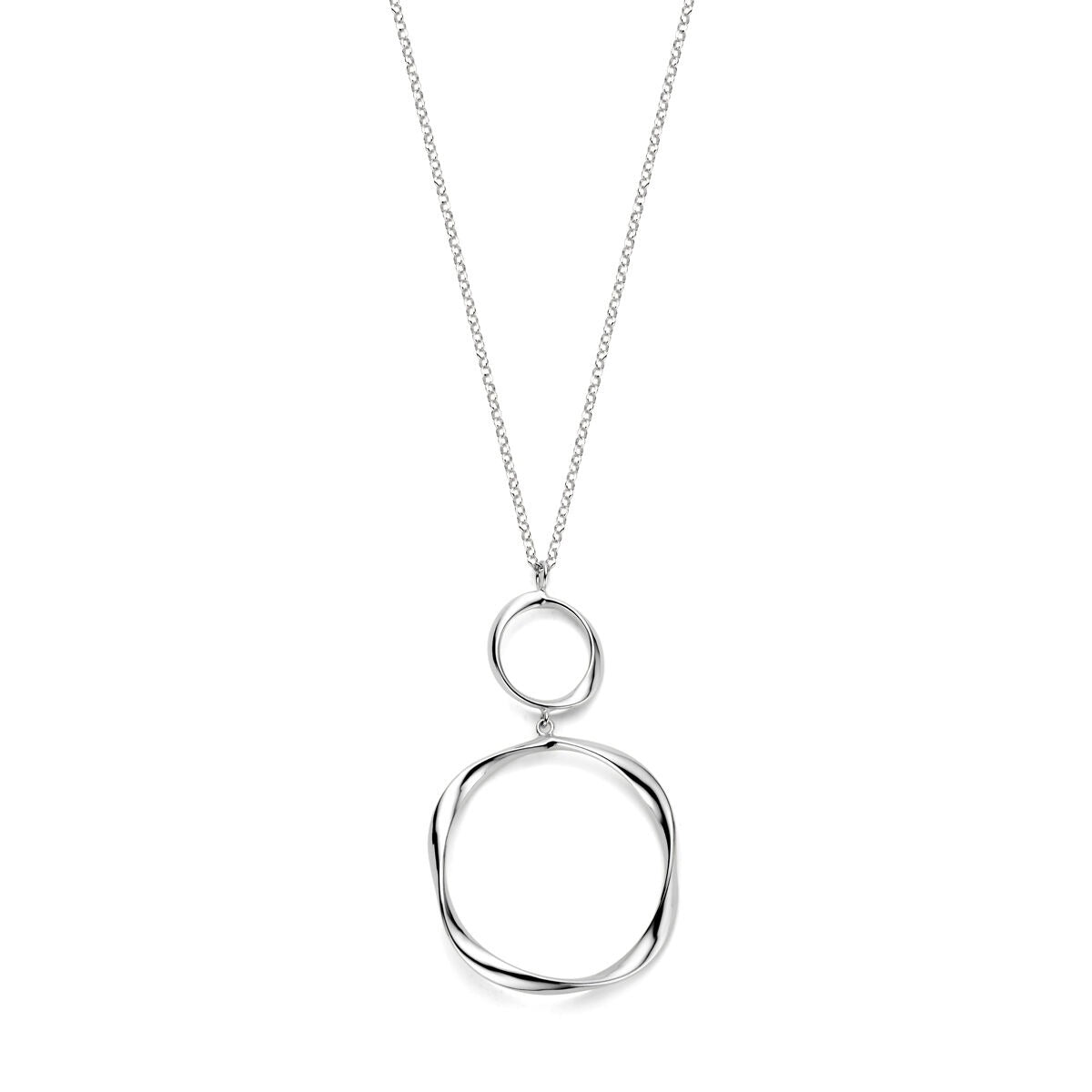 Zilveren ketting met anker schakels, gerhodineerd, lengte 41 + 4 cm, met een abstracte hanger in cirkelvorm.