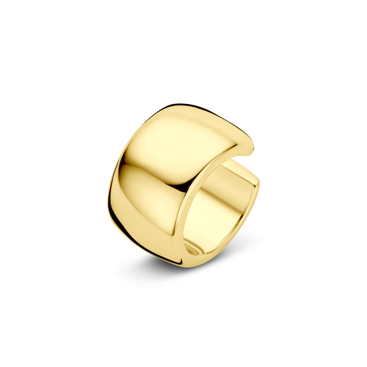 Vergulde 925 zilveren ear cuff met een gladde, glanzende afwerking en een moderne, brede vorm.