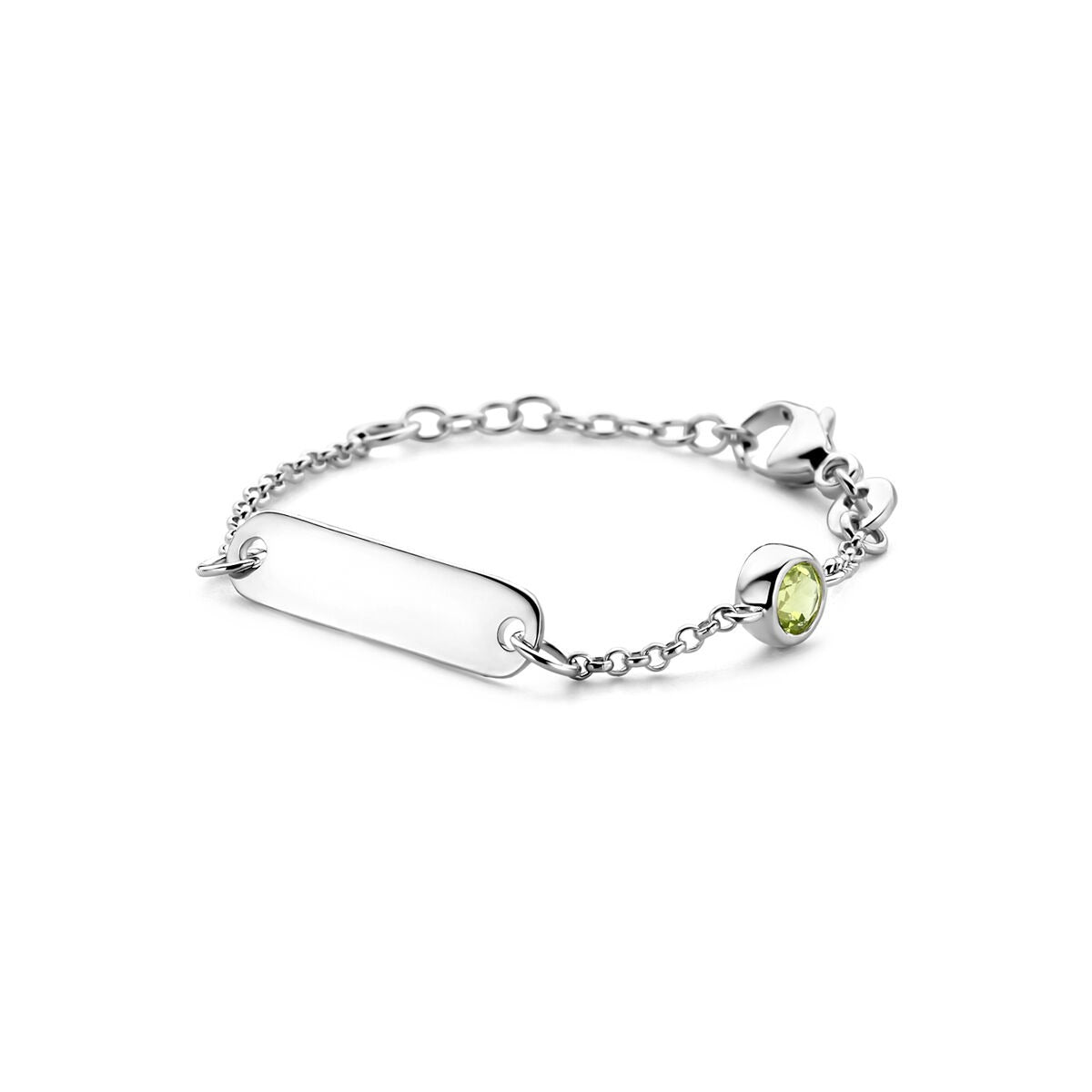Gerhodineerde zilveren kinder graveerarmband met een groene saffier, verstelbaar van 9 tot 11 cm.