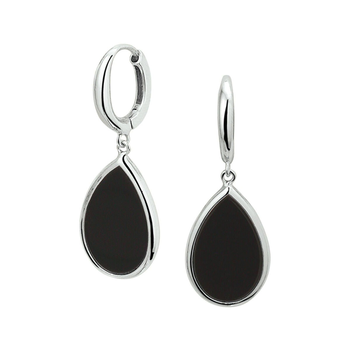 Zilveren klapoorringen met een druppelvormige onyx hanger, gerhodineerd 925.
