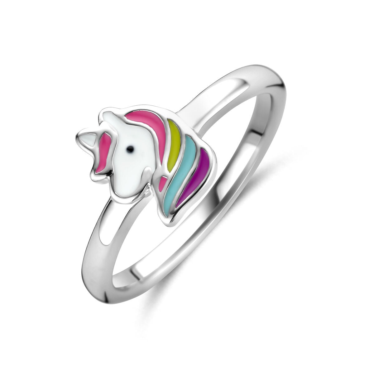 Zilveren kinder ring met een kleurrijke eenhoorn als opvallend detail.