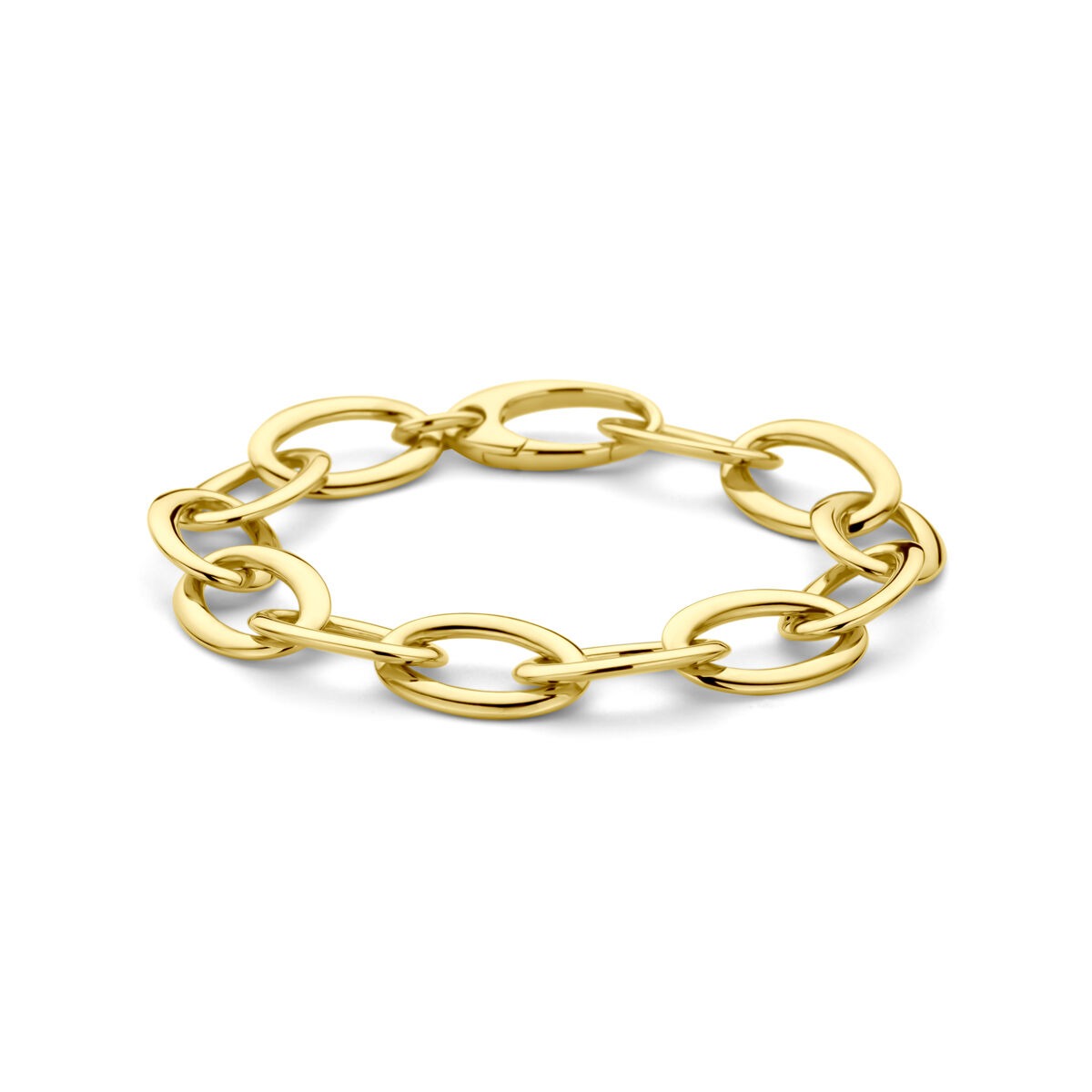 Gouden dames armband van 14k met brede schakels in een schakelpatter.