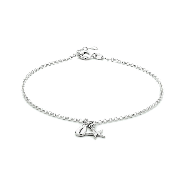 Gerhodineerd Zilveren Enkelbandje met Ster en Schelp – 24-26 cm