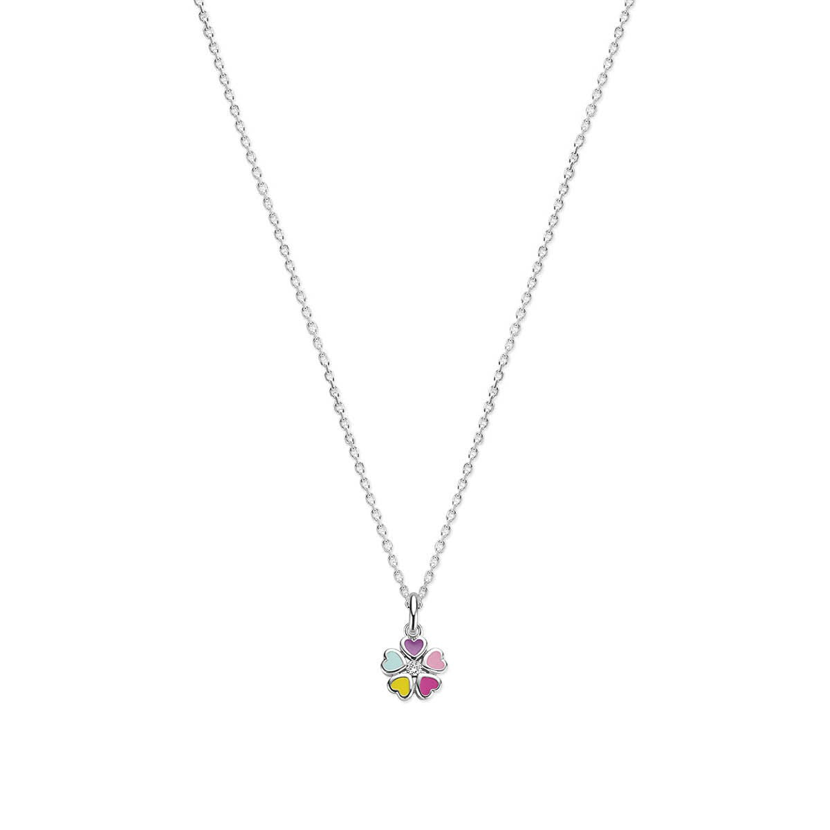 Zilveren ketting met gerhodineerde hanger in bloemmotief met kleurrijke accenten.