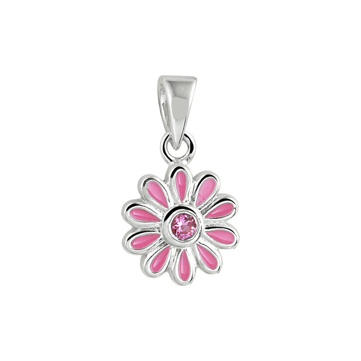 Zilveren kinderhanger bloem met roze zirkonia – gerhodineerd