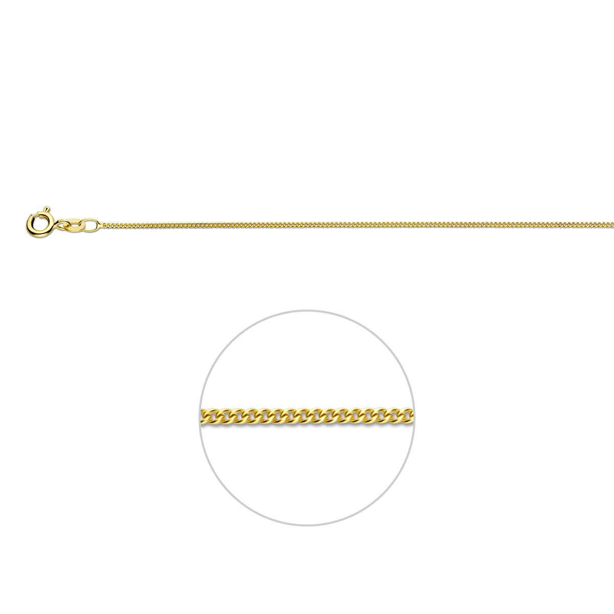 14k geelgouden gourmette ketting van 1.1 mm met een stevige sluiting en een glanzende afwerking.