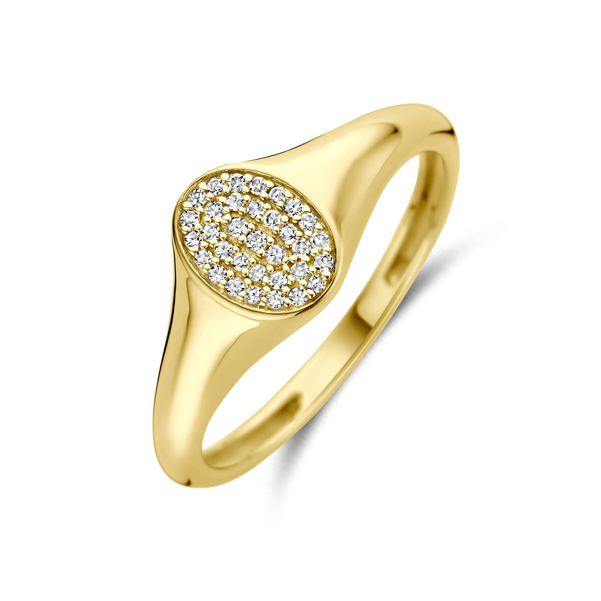 Gouden ring van 14k met een ovale bovenkant bezet met meerdere kleine diamanten.