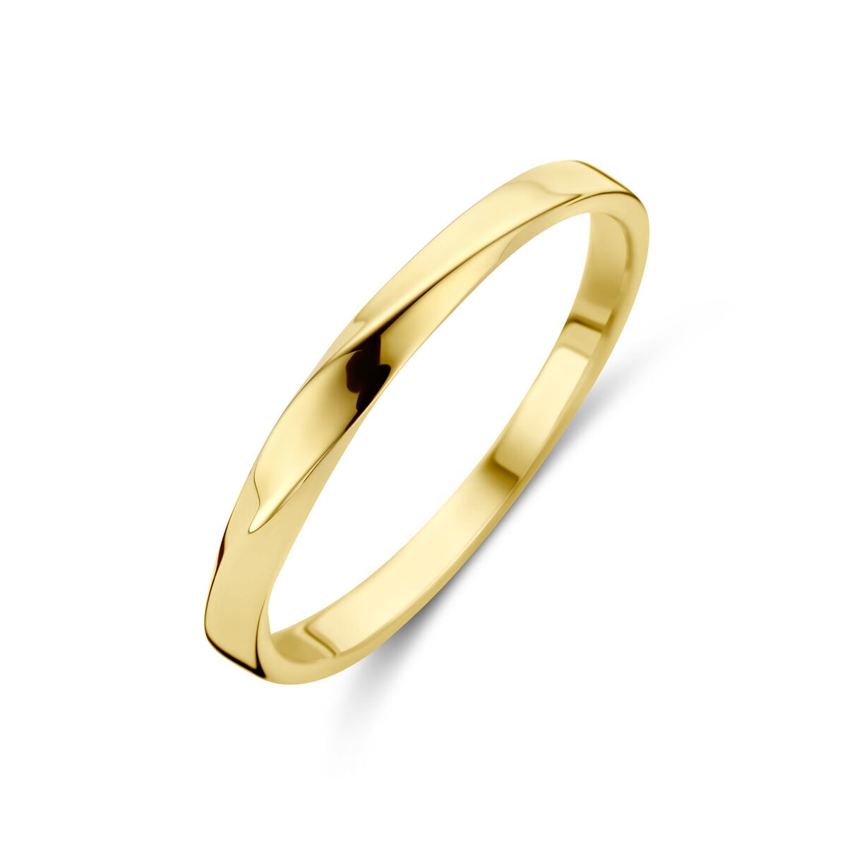 Geelgouden damesring van 14k, 2.5mm breed met een gladde, licht gebogen afwerking.