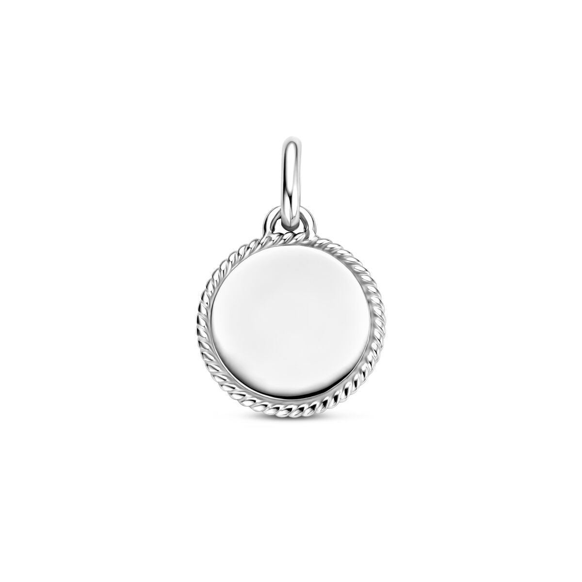 Gerhodineerde zilveren ronde graveerhanger met een diameter van 19,5 mm en een gedetailleerde rand.