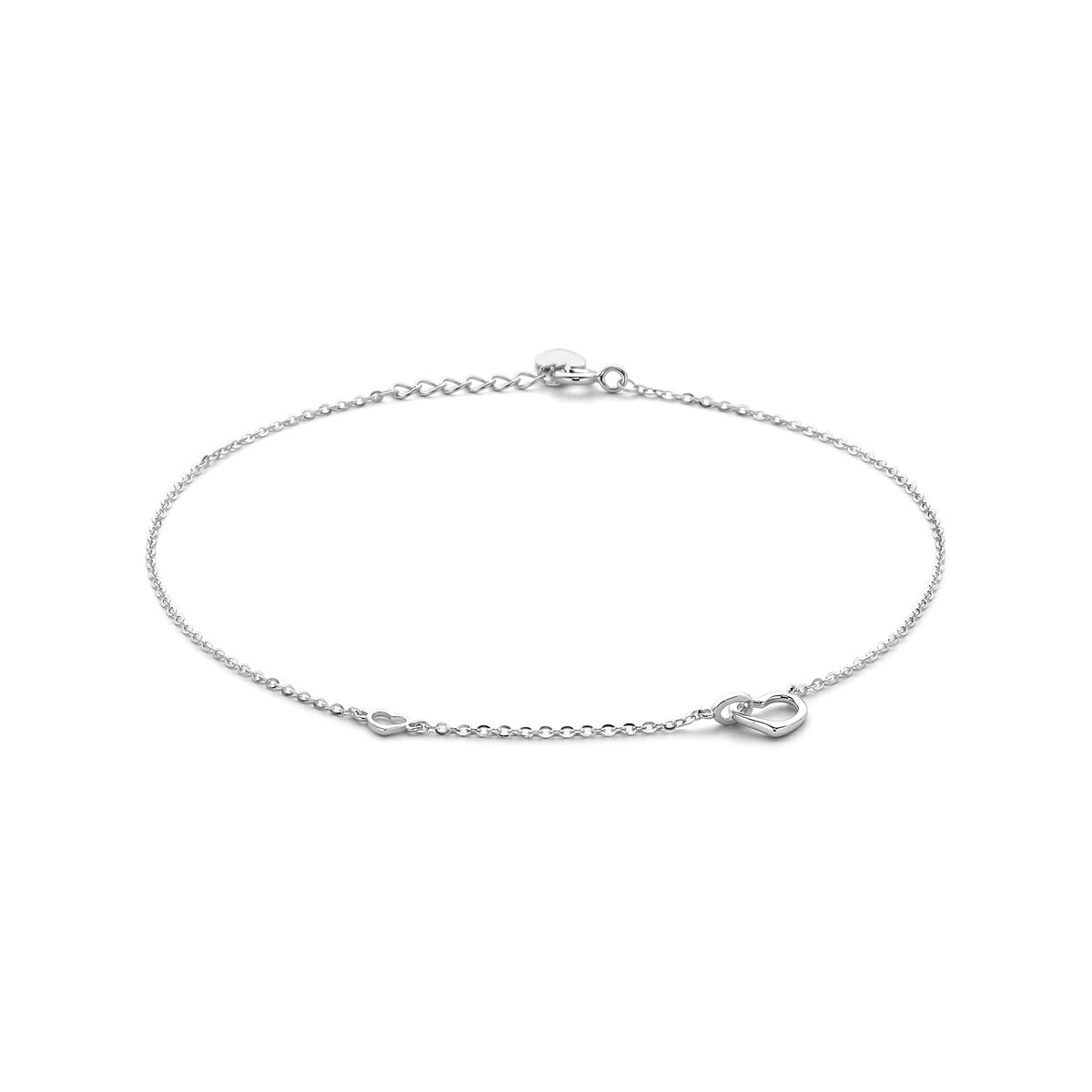 Zilveren enkelband van gerhodineerd 925 zilver met hartjes, verstelbaar van 24 tot 26 cm.
