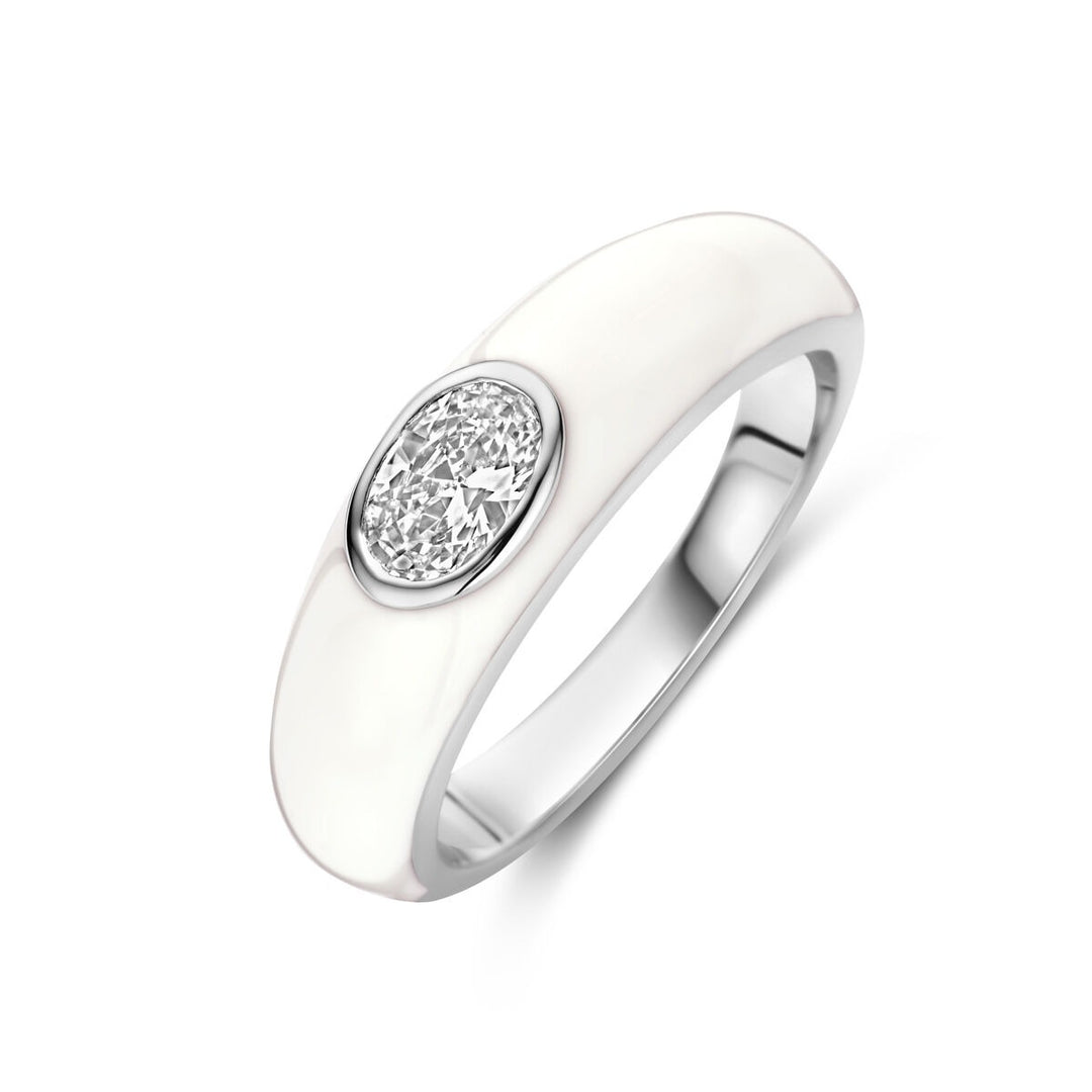 925 Gerhodineerd Zilveren Ring met Wit Emaille en Zirkonia