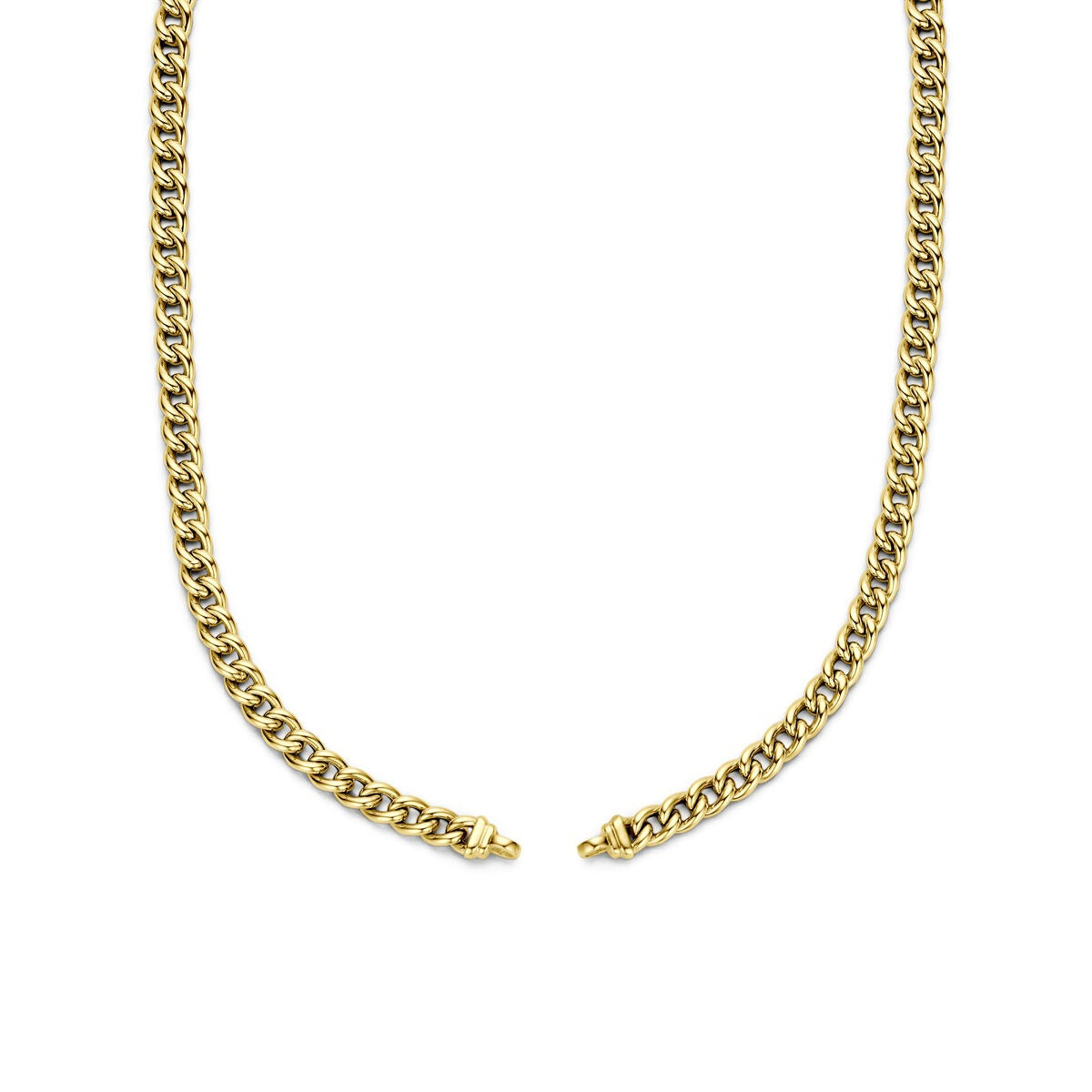 Geelgouden collier zonder slot met een schakelpatroon en een glanzende afwerking.