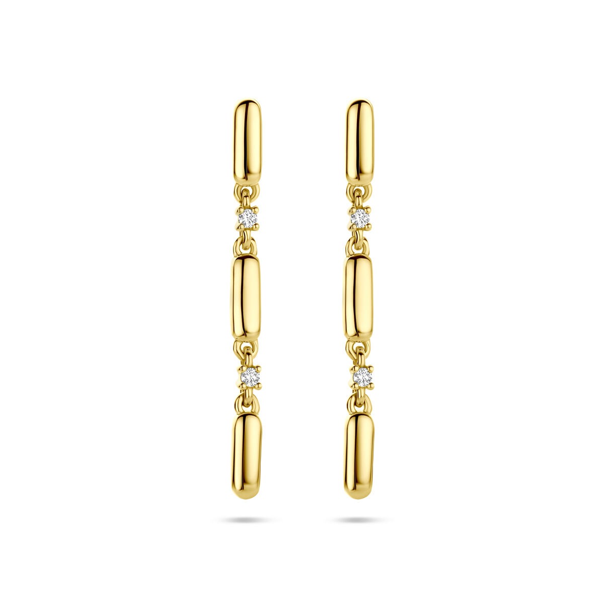 Gouden oorhangers van 14k geelgoud met briljantgeslepen diamanten, 32 mm lang.