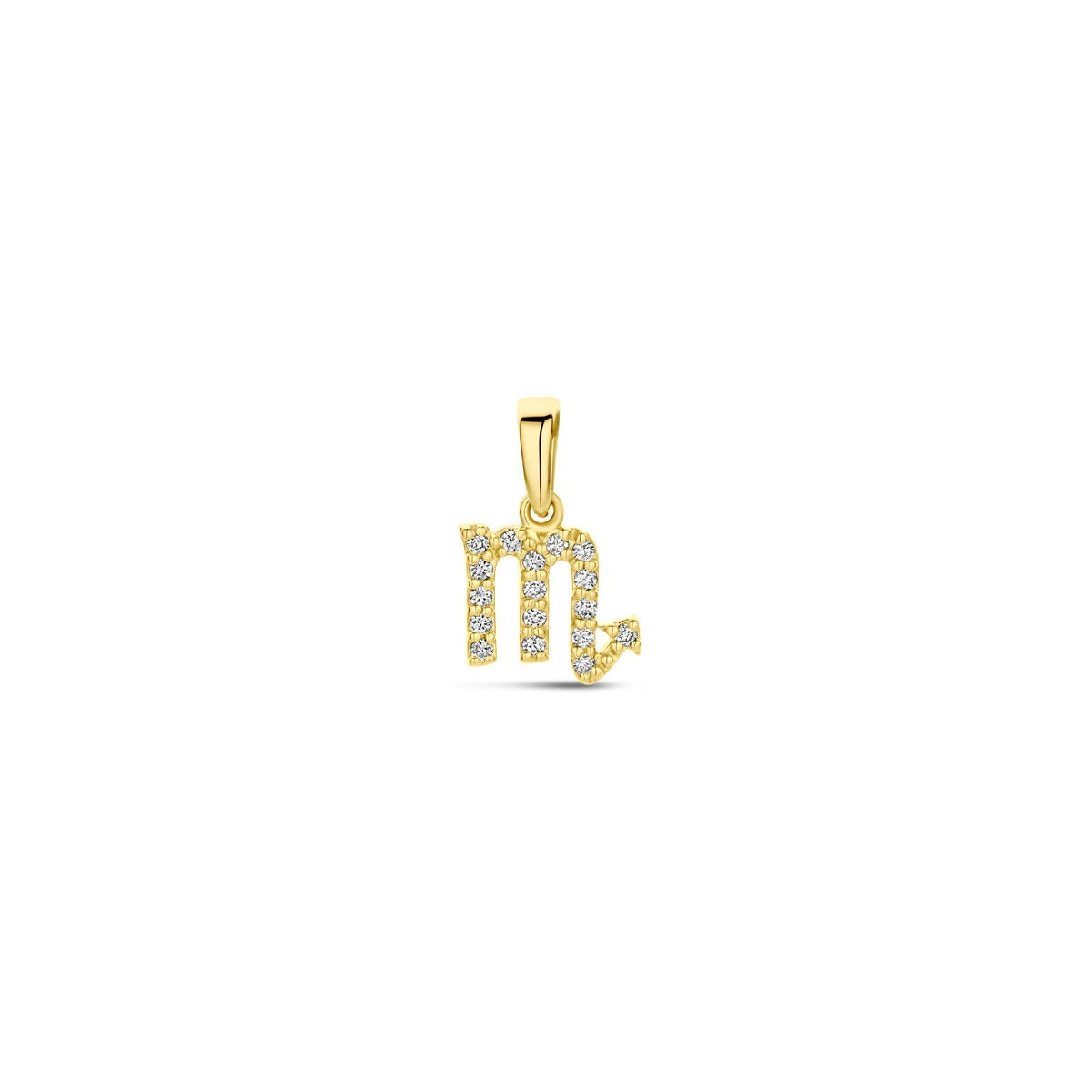 14k geelgouden sterrenbeeld hanger in de vorm van een schorpioen, bezet met kleine diamanten.