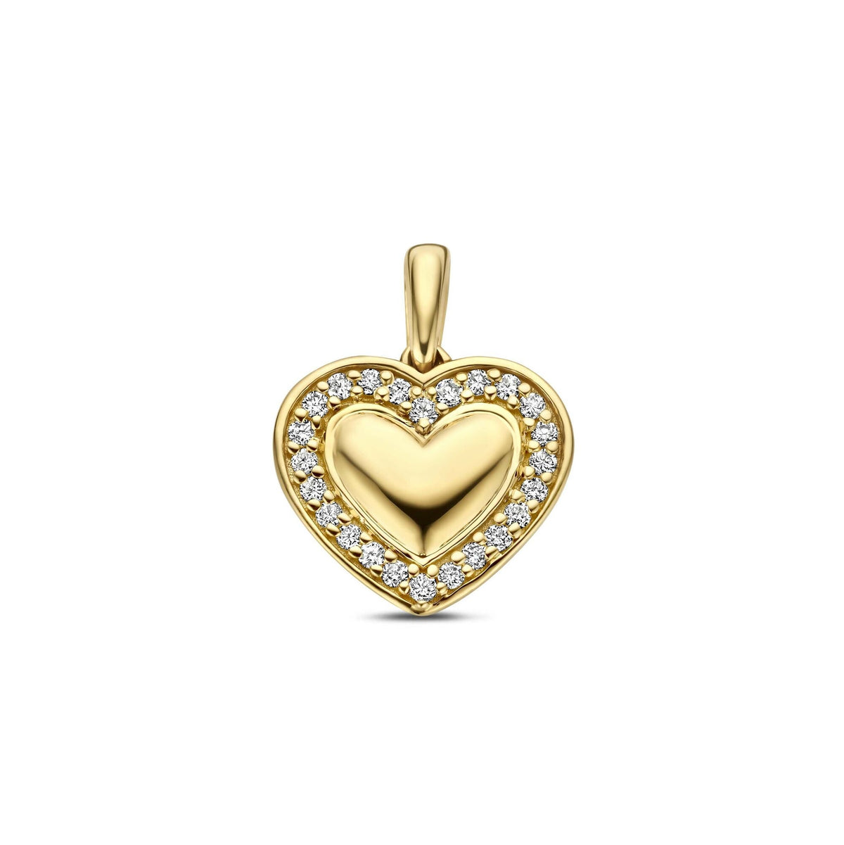 Geelgouden hart hanger met een lab grown diamant van 0,11 ct, omlijst door kleine steentjes.