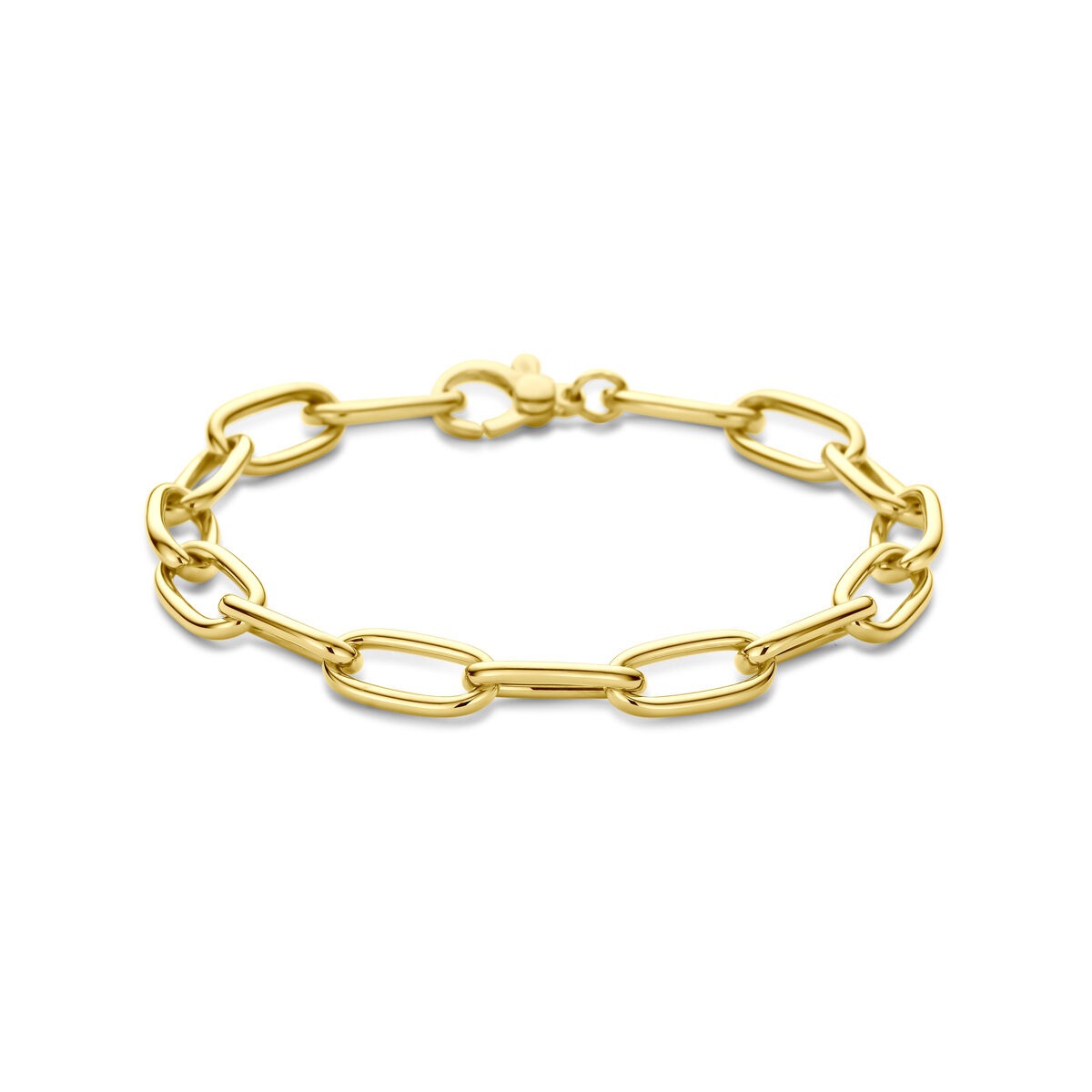 Geelgouden armband met draadschakels van 7 mm breed, met een sluiting.