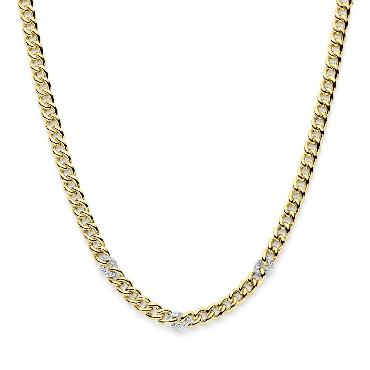 Bicolor collier van 14k geel- en witgoud met een diamant, met een schakelsysteem.