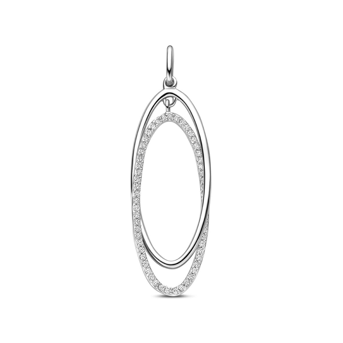 Zilveren hanger met een ovaal ontwerp, versierd met zirkonia in entourage stijl, 50 mm lang.