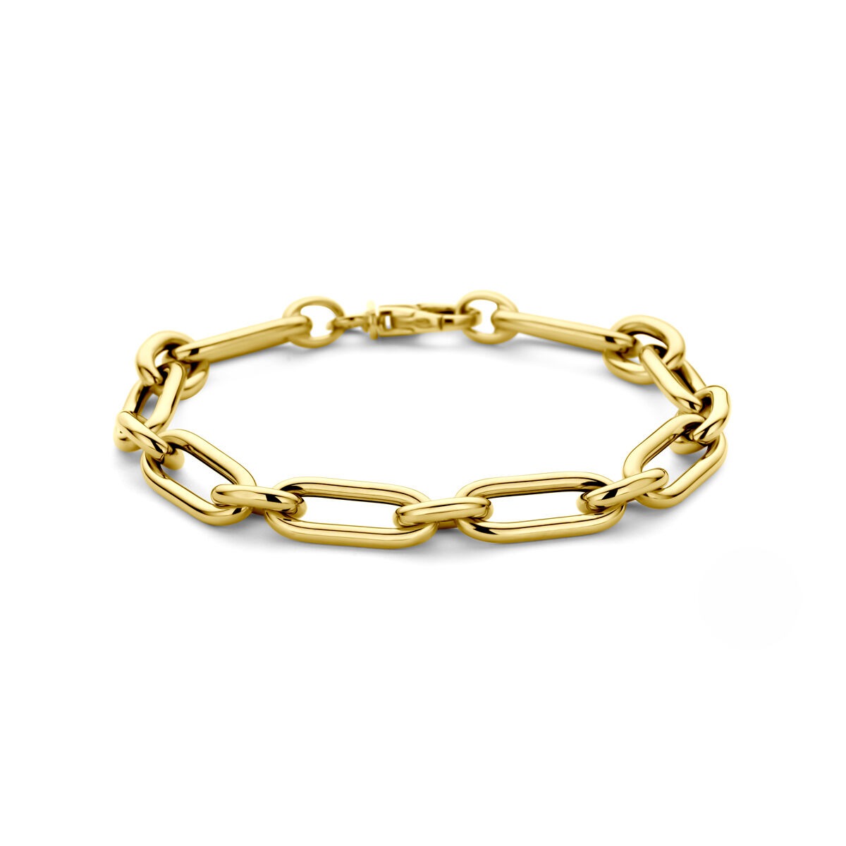 Geelgouden anker schakel armband met een stevige schakelstructuur en een sluiting.