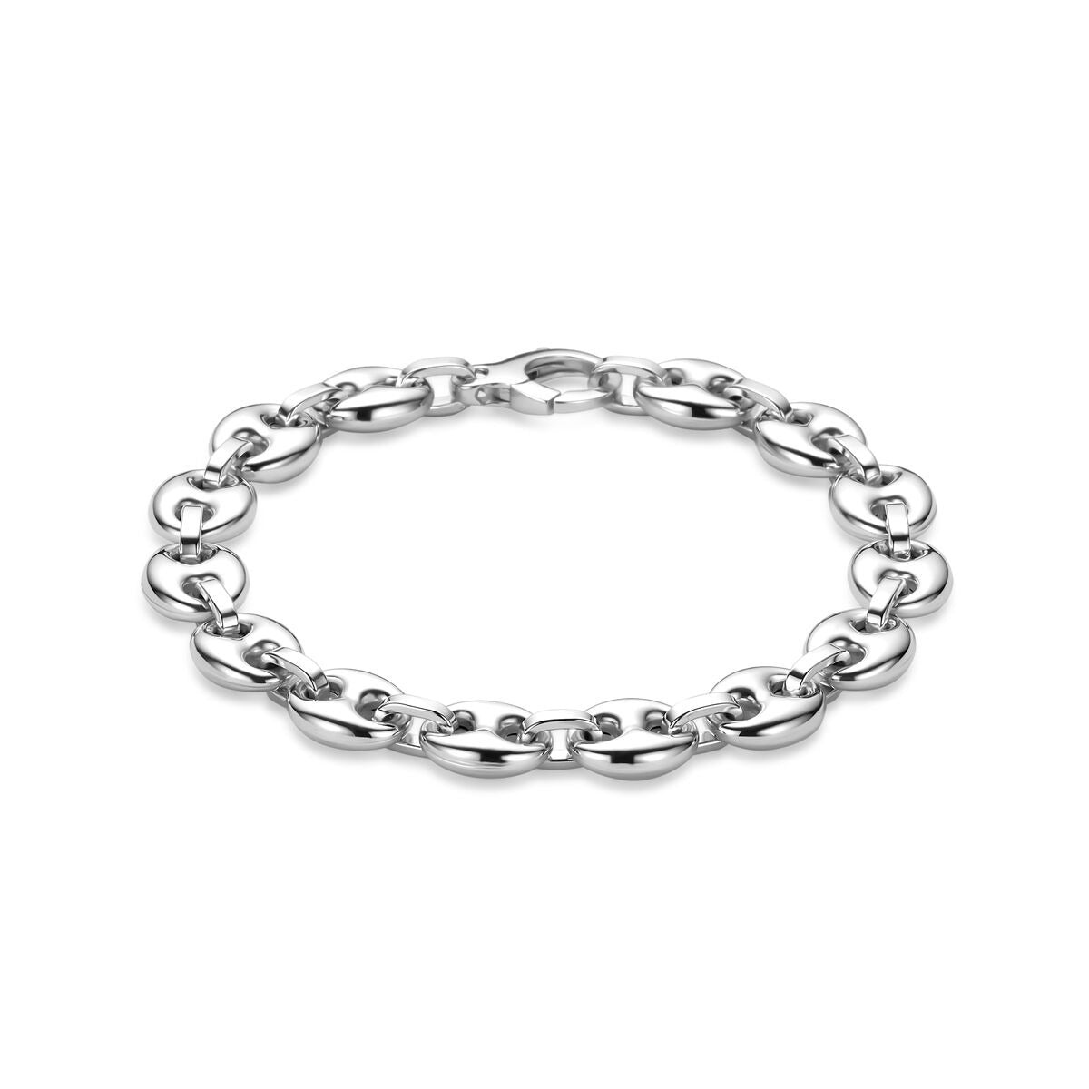 Gerhodineerde zilveren armband met koffieboon schakels en een sluiting.