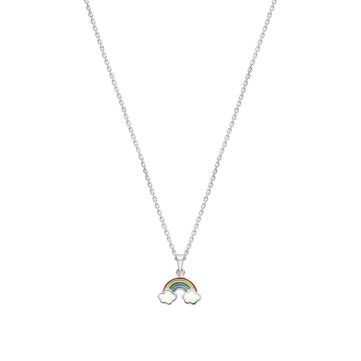 Zilveren ketting met een gerhodineerde hanger in de vorm van een regenboog met wolken en kleurrijke details.