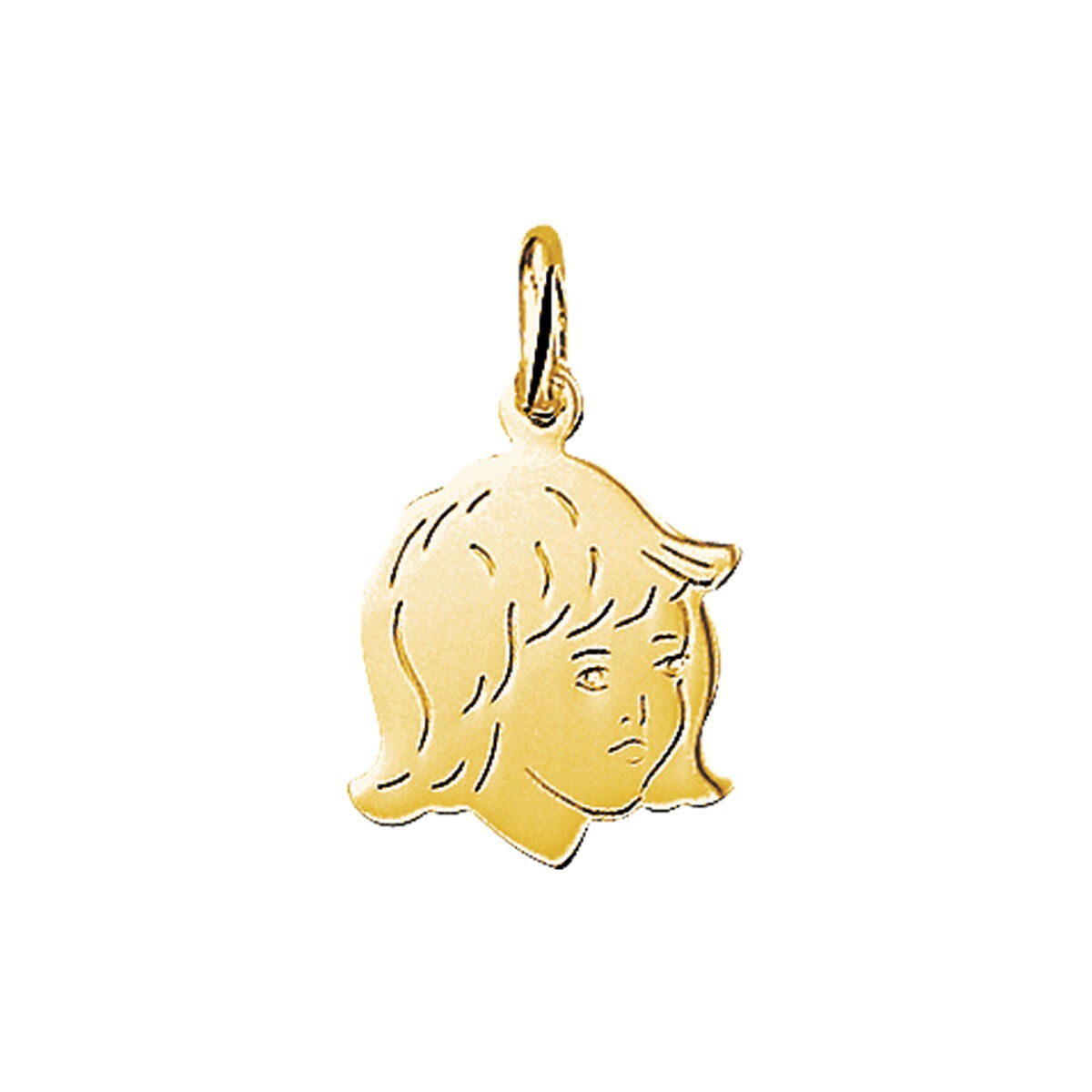 Geelgouden hanger in de vorm van een kinderkopje met een eenvoudige, gestileerde weergave van een gezicht.