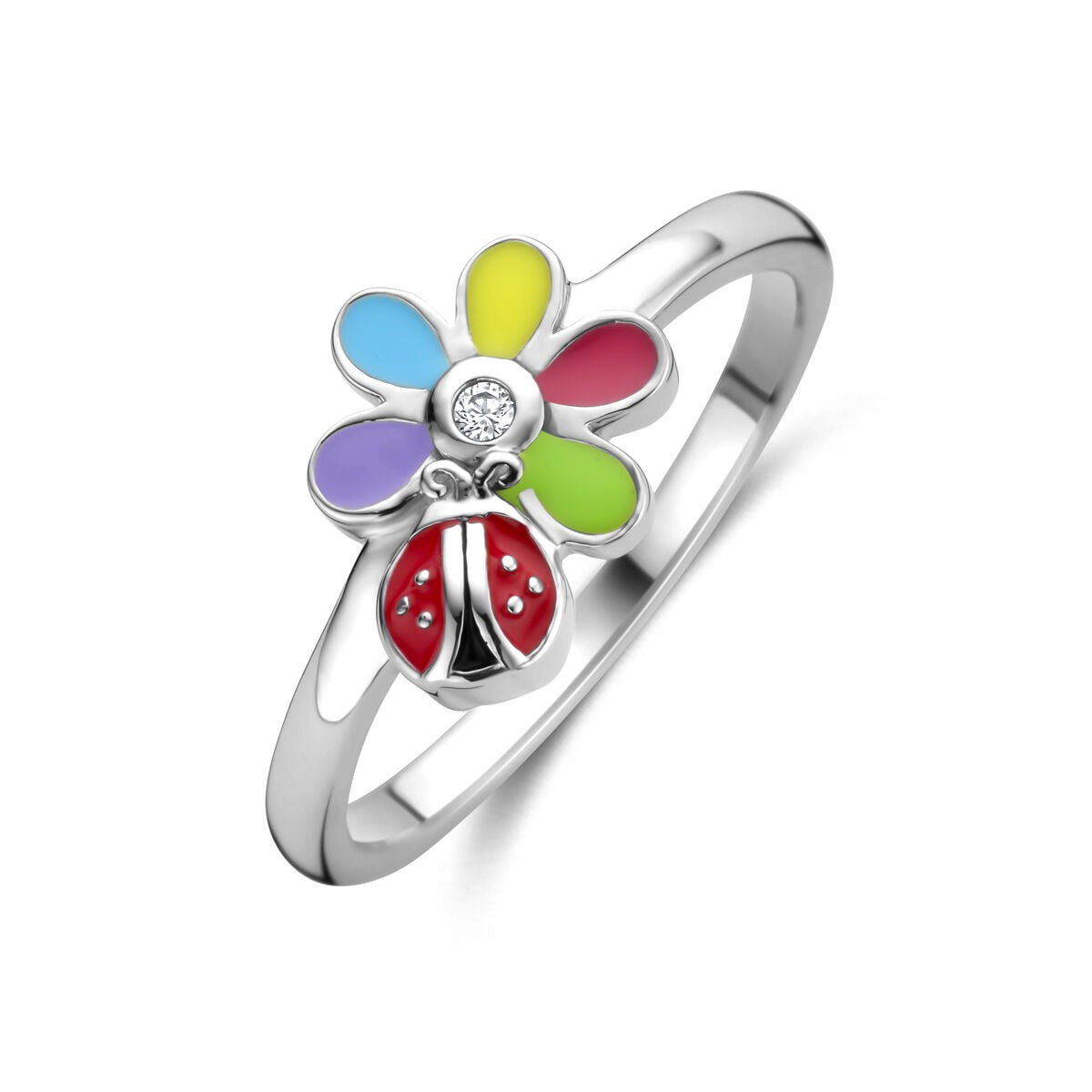 Zilveren kinder ring met een kleurrijke bloem en een rood lieveheersbeestje, versierd met zirkonia.