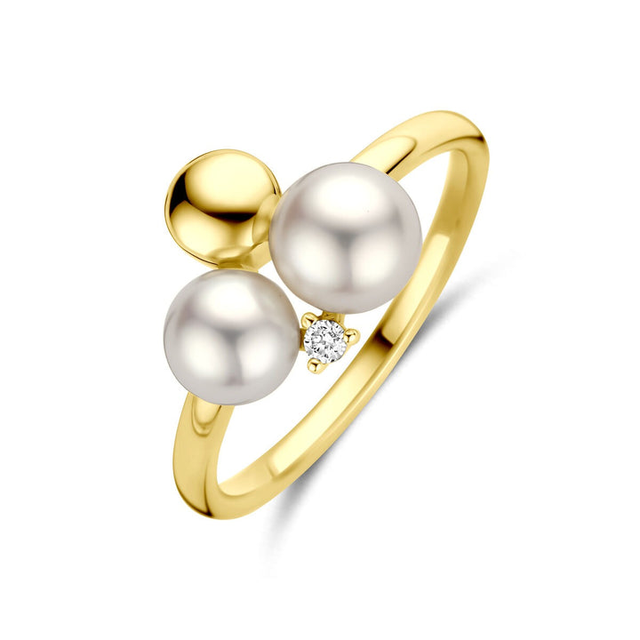 14k Geelgouden damesring met parel en diamant – 11 mm breed