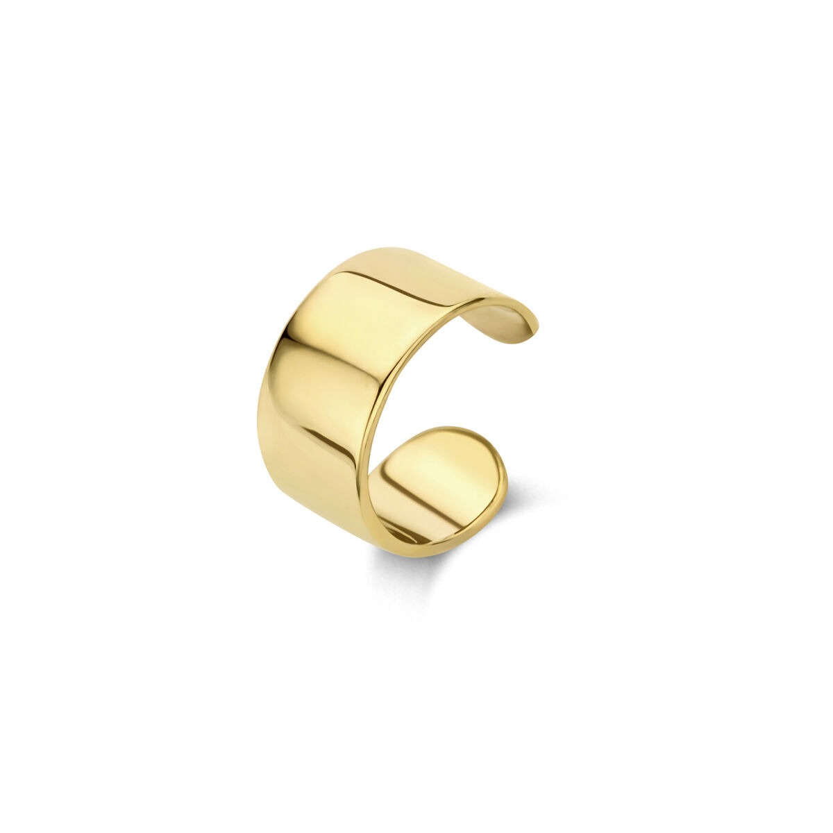 Geelgouden ear cuff van 14k met een gladde, glanzende afwerking en een eenvoudige, moderne vorm.