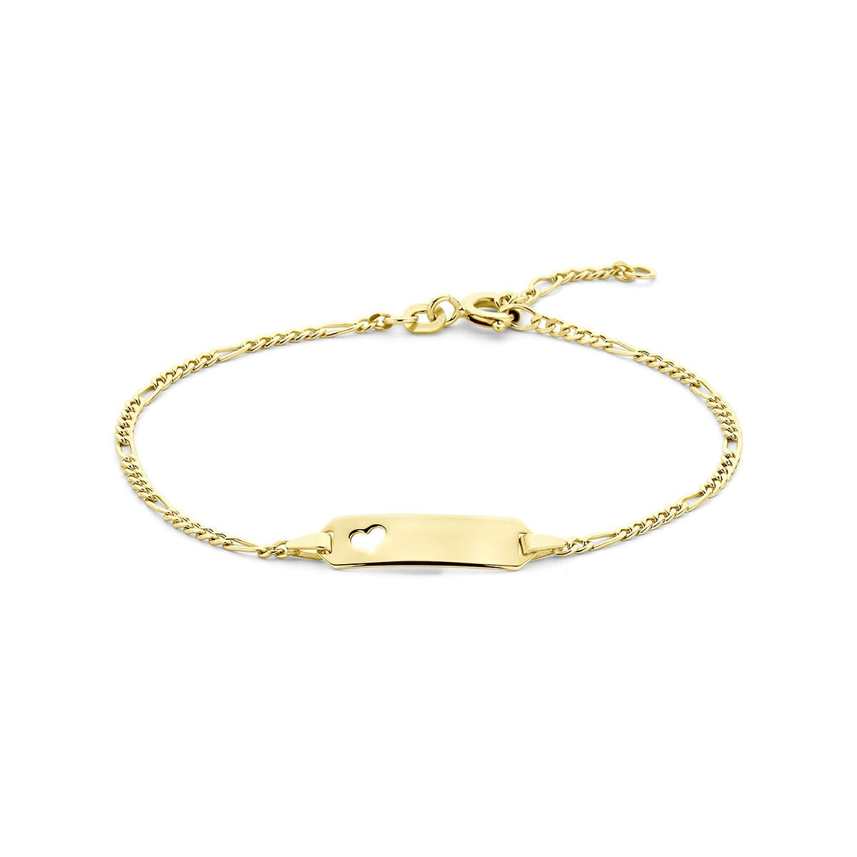 Geelgouden graveerarmband met een gladde plaat en een fijne schakelketting.