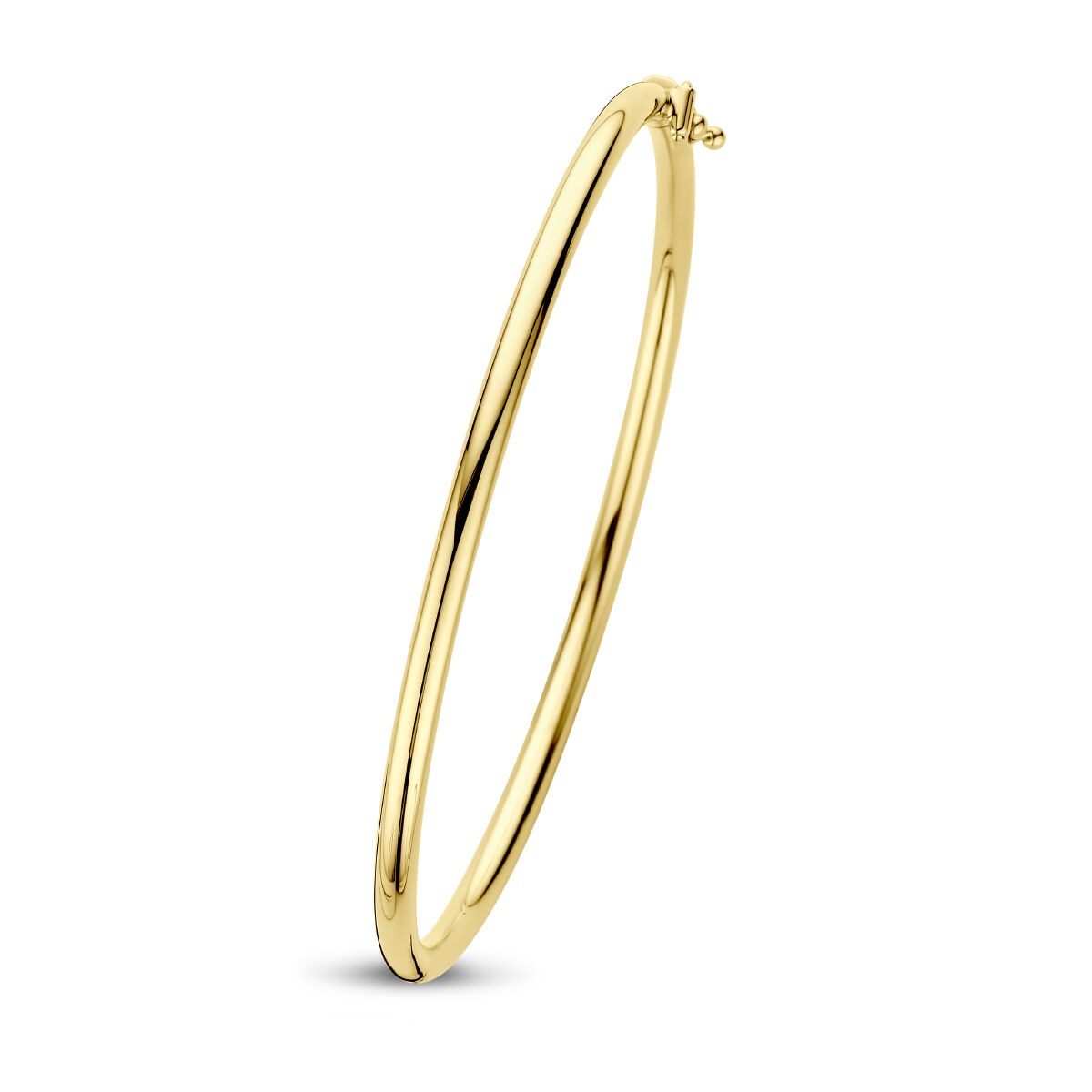 Gouden bangle armband van 9k geelgoud met een strakke, glanzende afwerking en scharniersluiting.