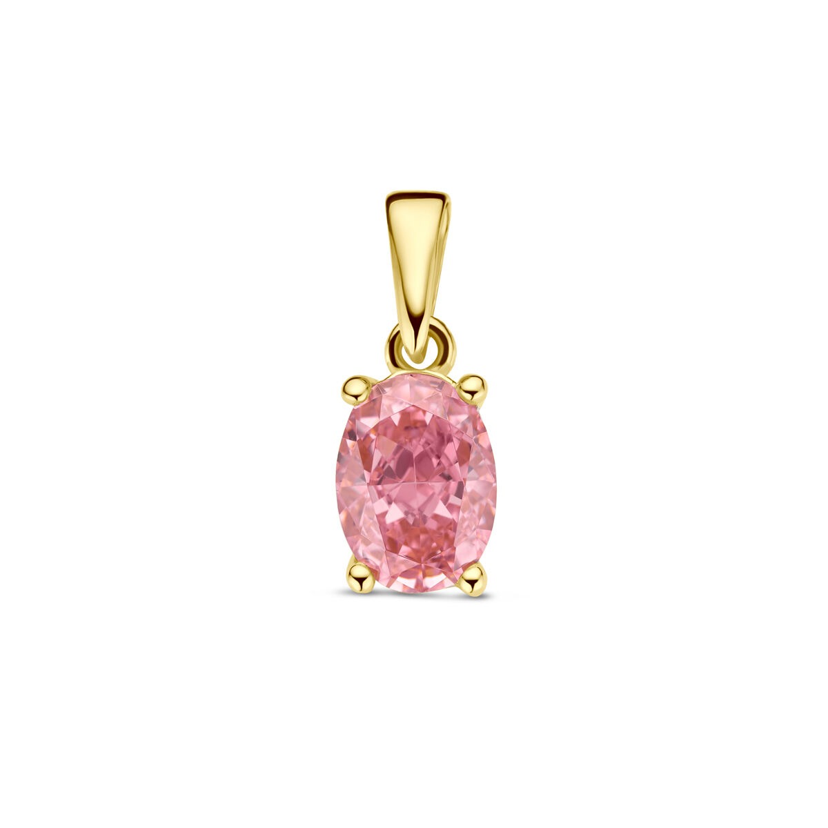 Geelgouden hanger met ovale roze zirkonia in een vierpootzetting.
