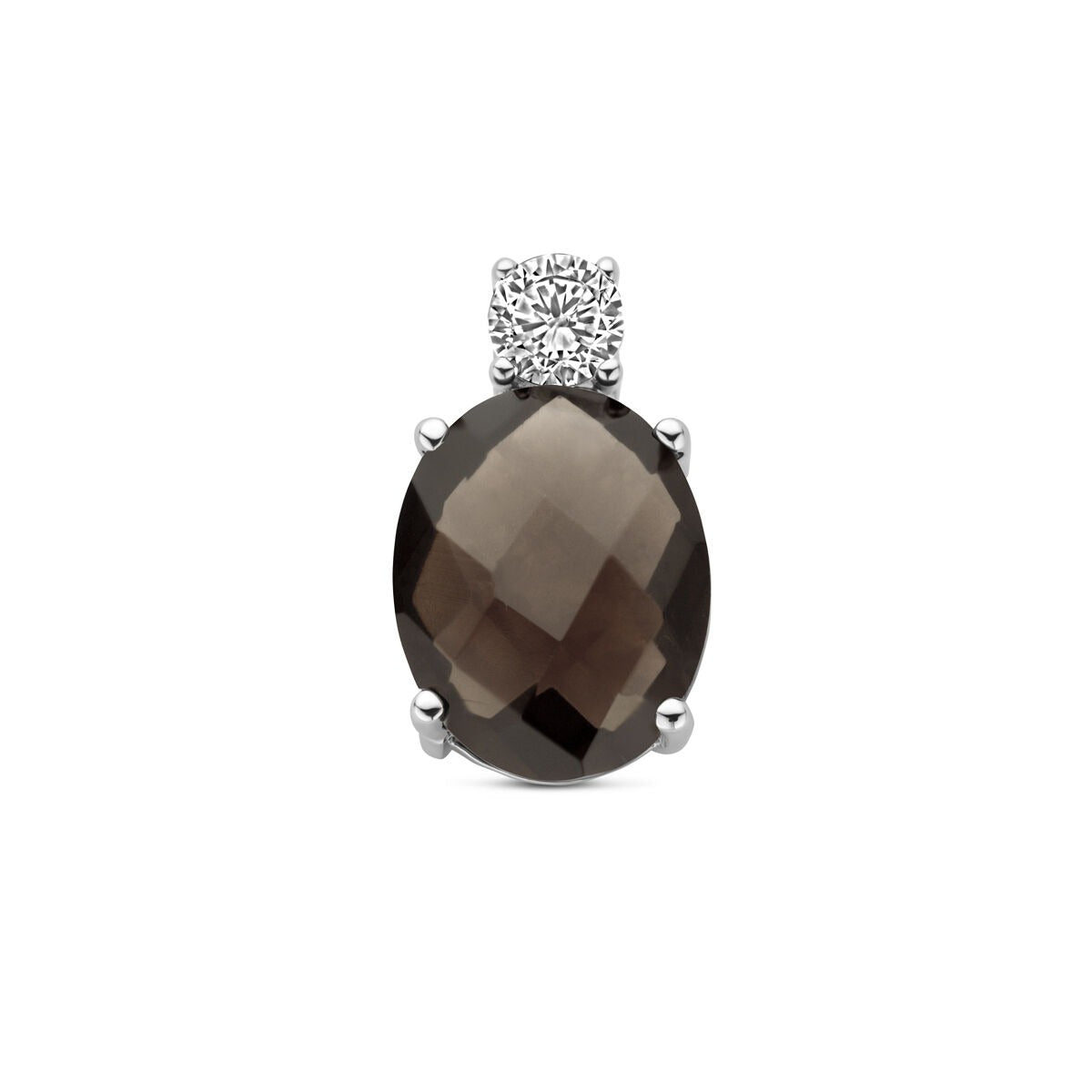 Zilveren hanger met een grote, ovale rookkwarts en een zirkonia bovenaan, gerhodineerd 925 zilver.