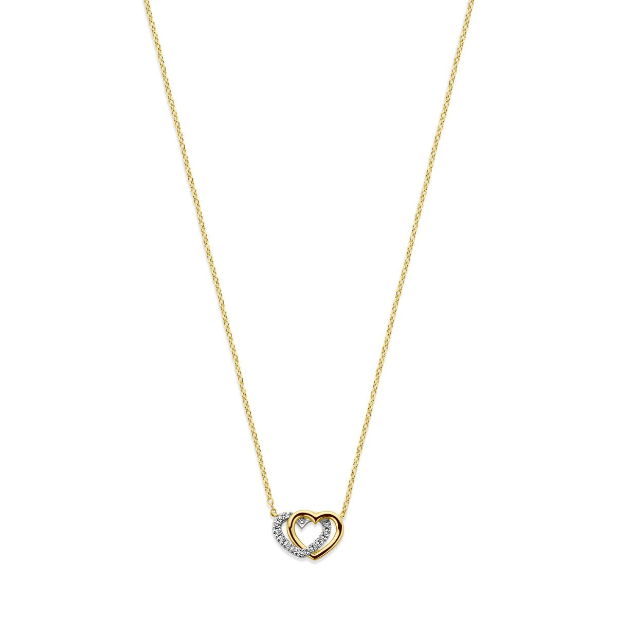 Geelgouden ketting met een hartvormige hanger, versierd met diamanten aan de zijkanten.