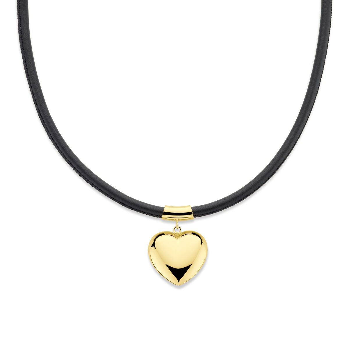 Verguld zilveren collier met een glanzend hartje en een zwart koord.