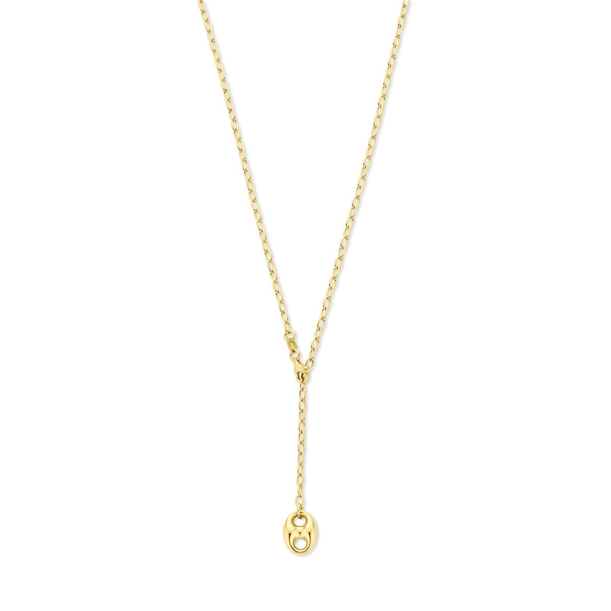 Vergulde 925 zilveren ketting met een hanger in de vorm van een koffieboon en een kleine steentje.