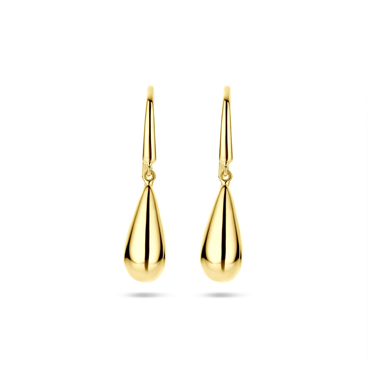 Gouden druppelvormige oorhangers van 14k met een lengte van 14,5 mm.