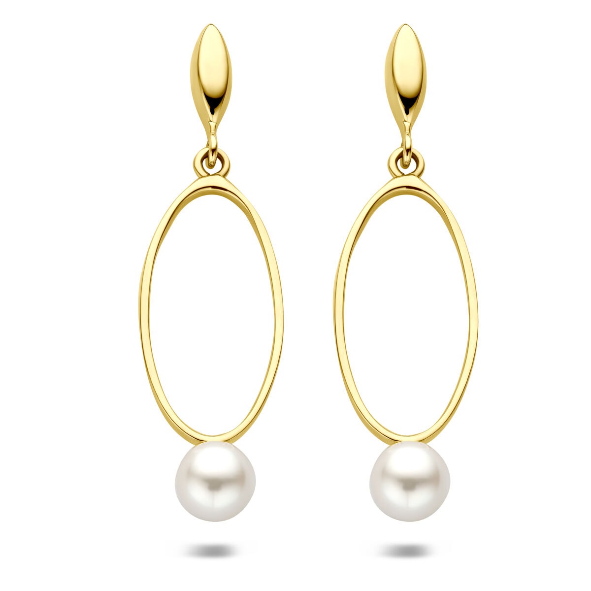 Geelgouden oorhangers met een ovale vorm en een witte parel, lengte 37 mm.