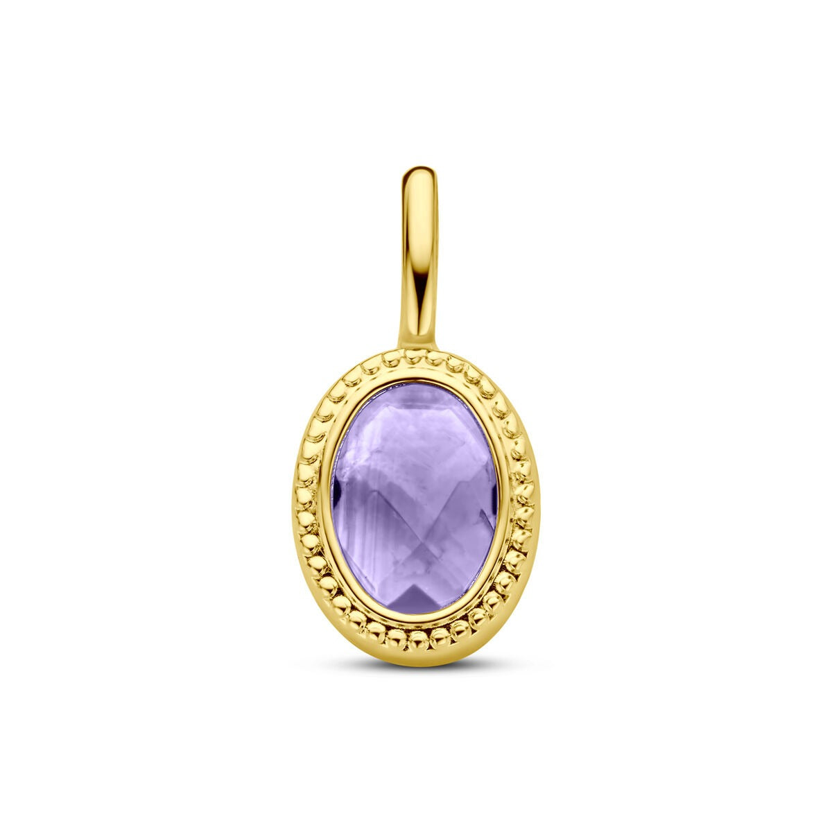Geelgouden hanger met ovale amethist in een gedetailleerde zetting.