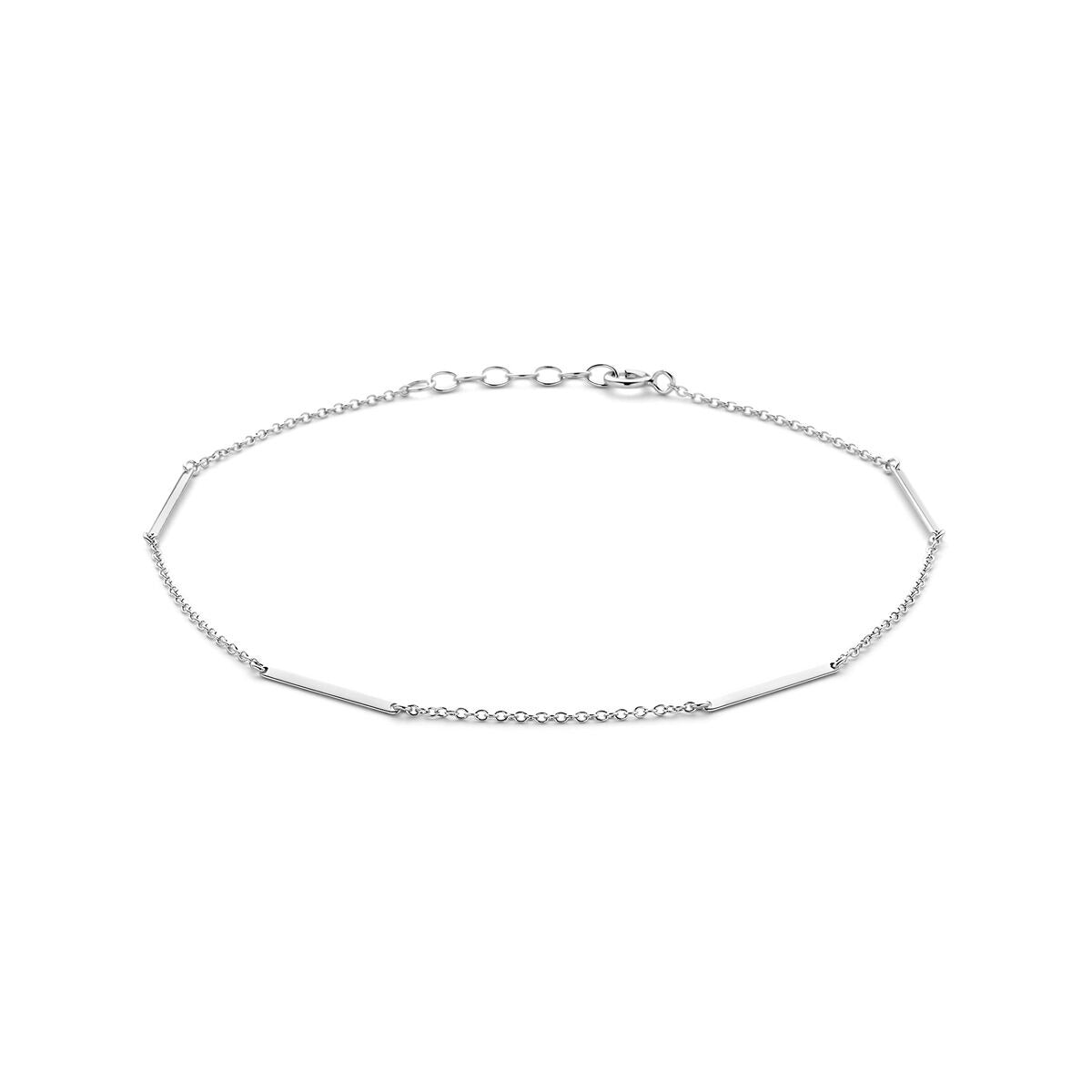 Zilveren enkelbandje van gerhodineerd 925 zilver met staafvormige plaatjes, lengte 24–26 cm.