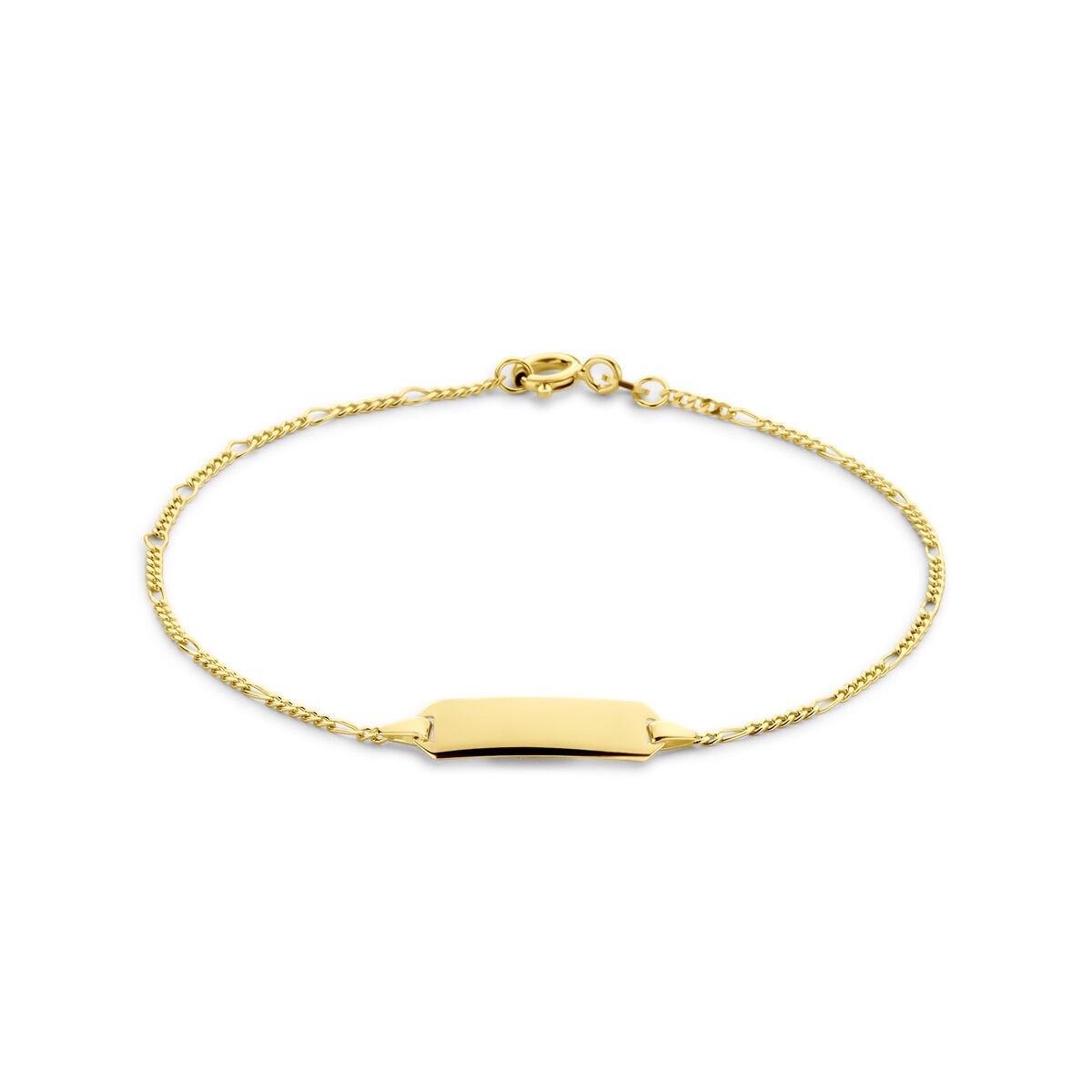Geelgouden graveerarmband voor dames met figaro schakels en een gladde, rechte plaat.
